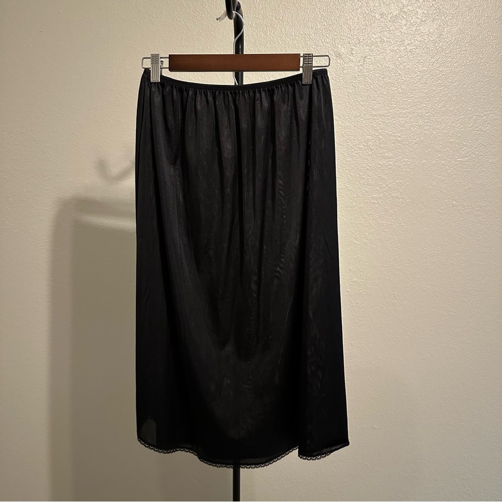 Black Satin Midi Length Slip Skirt with Slit and Lace Trim